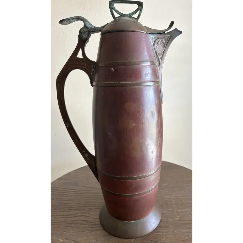 VTG Jugendstil Lidded Copper Wine Picture With Brass Trim, Stamped M ￼